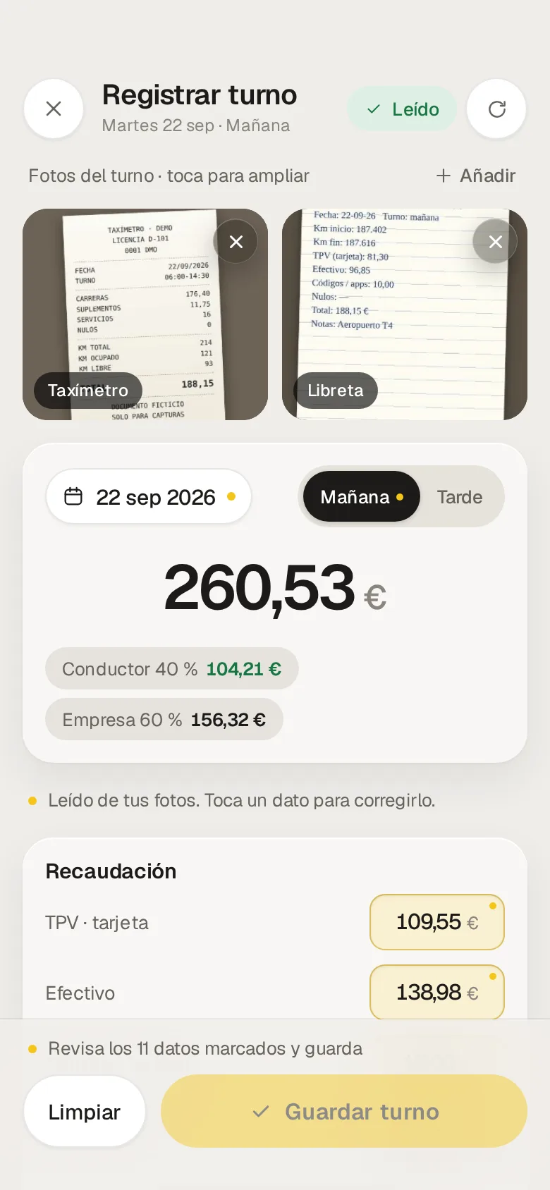 Registrar turno en modo día