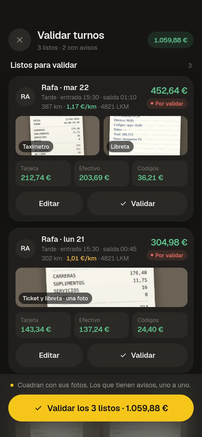 Validar turnos: los turnos listos para validar, con sus fotos